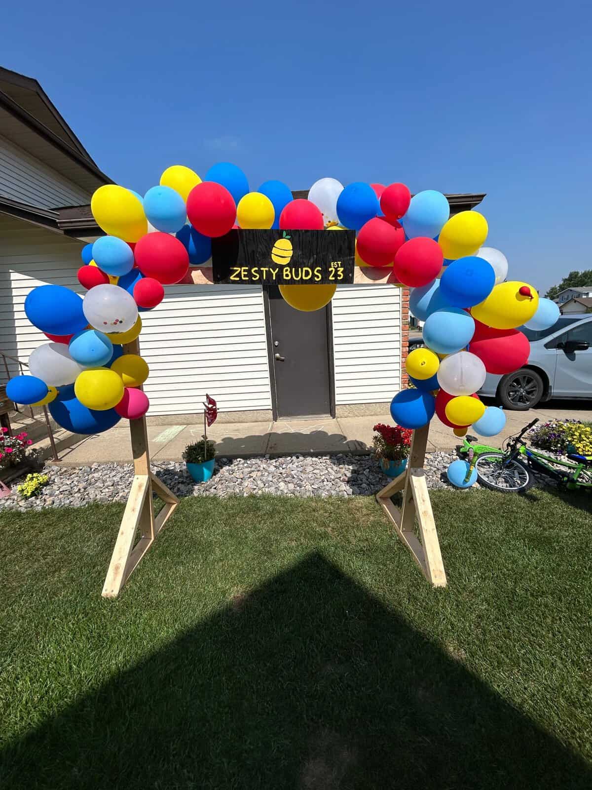 Colorful balloon arch with yellow, red, blue, and white balloons at Lemonade Stand Day 2025 event, featuring a sign for Zesty Buds.