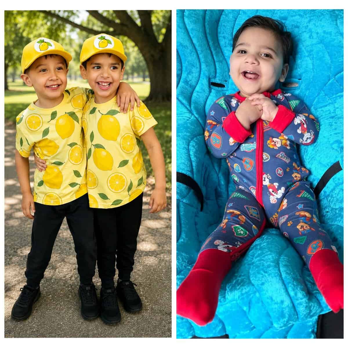 Two young boys dressed in lemon-themed costumes and a baby in a colorful onesie, celebrating Lemonade Stand Day 2025, outdoors and on a blue blanket.