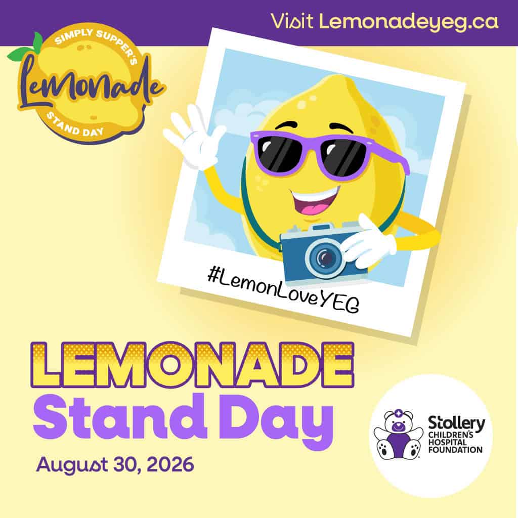 Lemonade Stand Day 2025 promotional image featuring a cheerful lemon character with sunglasses holding a camera, celebrating the event on August 30, 2026.